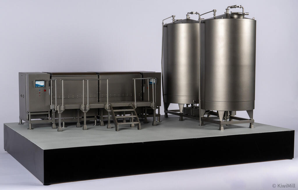Low left-side view of the cook tank model showing the control cabinet touchscreen, stair and twin water tanks